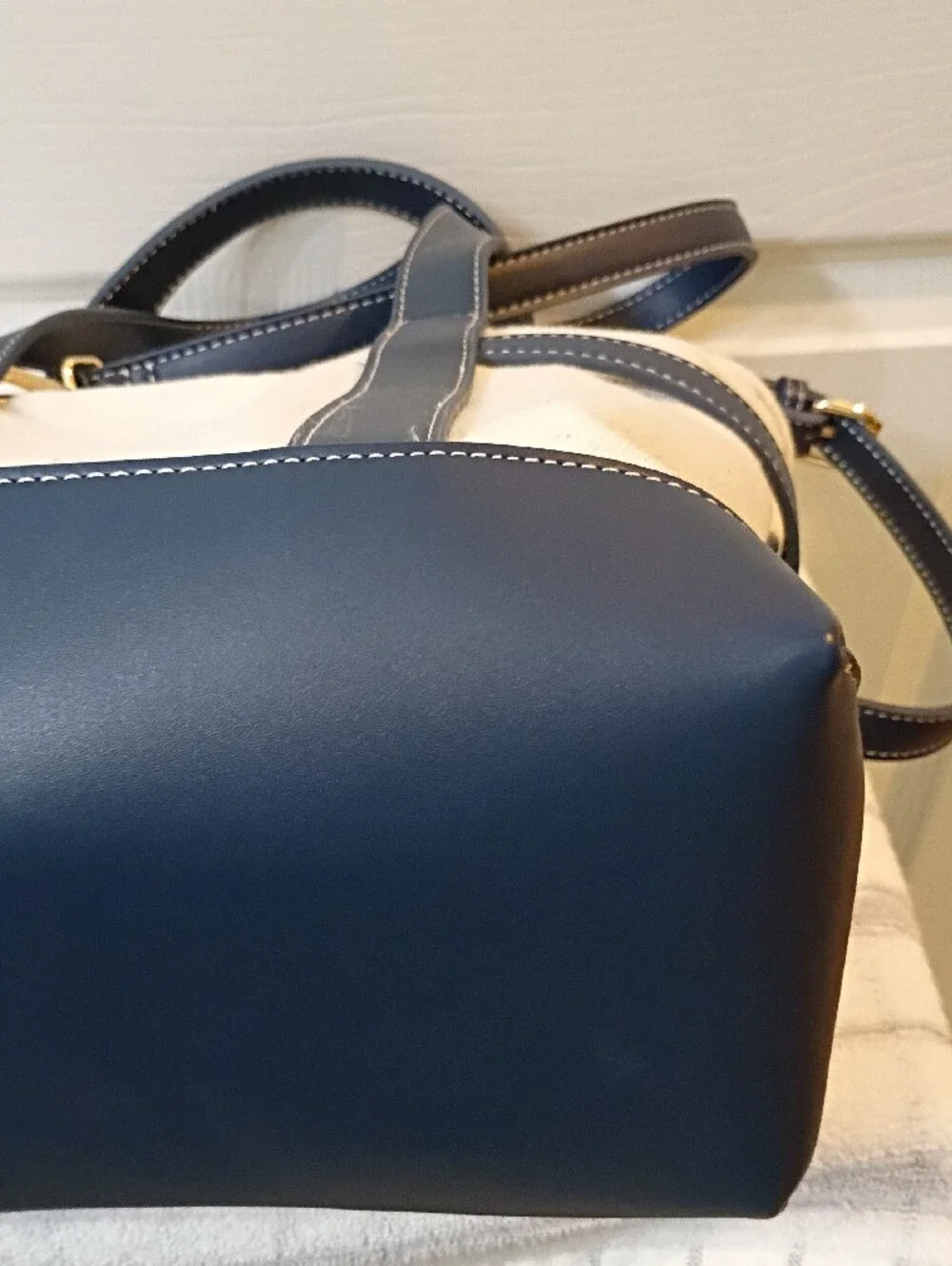 Steve Madden Cream and Navy Canvas Tote with Gold Hardware